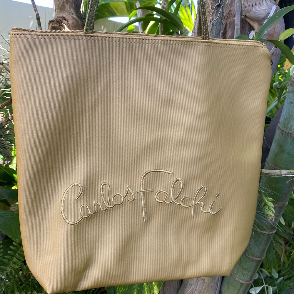Carlos Falchi Gold Shoulder Bag With Long Green Straps 💫